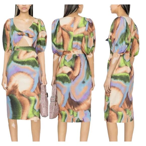 ROTATE BIRGER CHRISTENSEN NWT Cara printed midi dress Size 10 Cutout Puff Sleeve - Picture 1 of 13